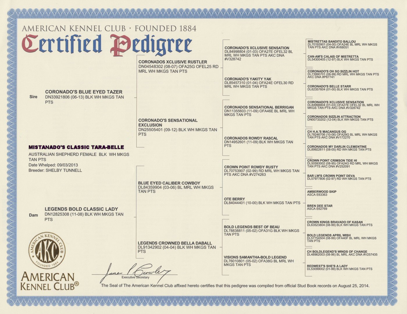 MISTANADO'S CLASSIC TARA-BELLE Pedigree
